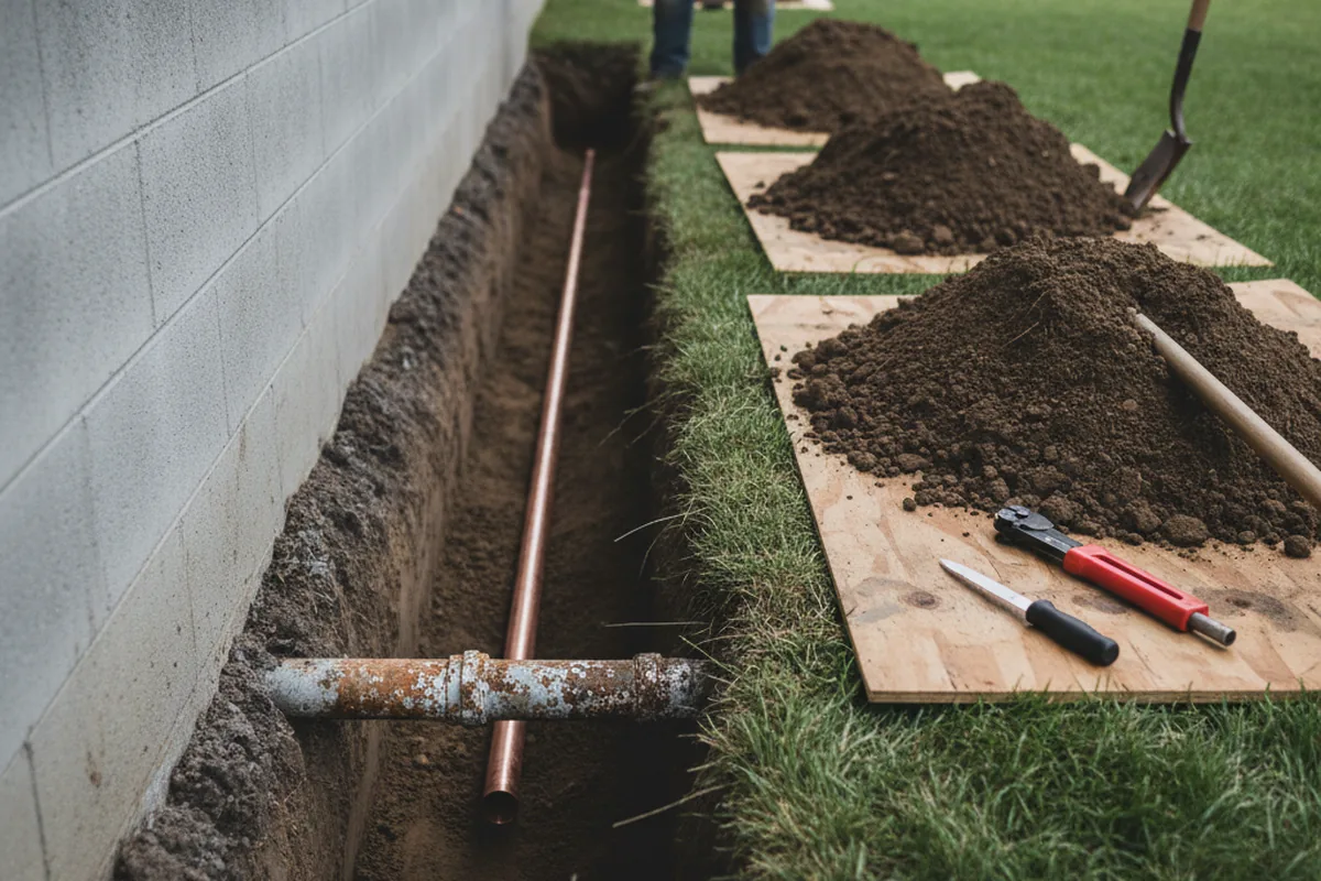 Excavated water line trench during Water Softener Installation in Doty